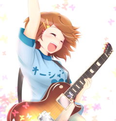 Rule 34 | 00s, 1girl, bad id, bad pixiv id, brown hair, evangelline, closed eyes, female focus, guitar, hirasawa yui, instrument, k-on!, gibson les paul, open mouth, short hair, solo, white background