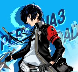Rule 34 | 1boy, absurdres, armband, belt, black gloves, black jacket, black ribbon, blue eyes, blue hair, collared shirt, commentary request, copyright name, dark blue hair, digital media player, drop shadow, earphones, gekkoukan high school uniform, gloves, highres, holding, holding sword, holding weapon, jacket, long sleeves, looking at viewer, male focus, neck ribbon, open clothes, open jacket, parted lips, persona, persona 3, persona 3 reload, profile, red armband, ribbon, riuta, school uniform, shirt, solo, sword, upper body, weapon, white shirt, yuuki makoto (persona 3)