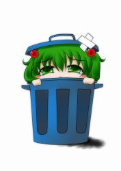 Rule 34 | 1girl, bad id, bad pixiv id, female focus, green eyes, green hair, hair bobbles, hair ornament, in container, kisume, matching hair/eyes, nue (artist), short hair, solo, tears, tora tsugumi (nue1114), touhou, trash can, twintails, white background