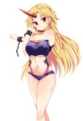 Rule 34 | 1girl, bikini, blonde hair, breasts, chain, closed mouth, highres, horns, hoshiguma yuugi, long hair, looking at viewer, maturiuta sorato, navel, outstretched arm, purple bikini, red eyes, simple background, single horn, smile, solo, standing, star tattoo, swimsuit, tattoo, touhou, white background