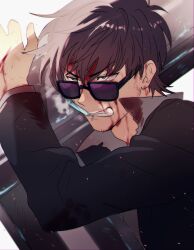 Rule 34 | 1boy, absurdres, arm up, black eyes, black hair, black jacket, blood, blood on clothes, blood on face, collared shirt, cross, facial hair, frown, grey shirt, highres, jacket, long sleeves, looking away, male focus, nicholas d. wolfwood, shirt, short hair, solo, steam, sunglasses, sweat, teeth, trigun, trigun stampede, upper body, v-shaped eyebrows, vial, white background, yuma (zero)
