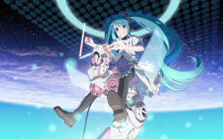 Rule 34 | 10s, 1girl, 2010, aqua eyes, aqua hair, artist name, dated, floating hair, hatsune miku, highres, instrument, legs, loafers, long hair, music, pantyhose, playing instrument, revision, riding, shiwasu takashi, shoes, skirt, sky, smile, solo, space, star (sky), starry sky, theremin, twintails, very long hair, vocaloid
