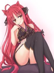 Rule 34 | 1girl, :q, ahoge, animal ear fluff, animal ears, aroused, bare arms, bare shoulders, black bow, black dress, black ribbon, black thighhighs, blush, bow, braid, breasts, china dress, chinese clothes, closed mouth, commentary, crossed legs, dog ears, dog girl, dracu-riot!, dress, eyelashes, eyes visible through hair, feet out of frame, finger to mouth, garter straps, hair bow, hair intakes, hair ribbon, hair spread out, hand on own thigh, hand up, head tilt, igarashi kenji, large breasts, legs, long hair, looking at viewer, no shoes, parted bangs, red hair, ribbon, seductive smile, shiny skin, short dress, simple background, single braid, sitting, smile, solo, thighhighs, thighs, tongue, tongue out, very long hair, white background, yarai miu, yellow eyes, zettai ryouiki