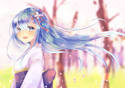 Rule 34 | 10s, 1girl, :d, absurdres, alternate hair length, alternate hairstyle, blue eyes, blue hair, blurry, blush, cherry blossoms, day, depth of field, floating hair, flower, from side, hair flower, hair ornament, hair ribbon, hetchhog tw, highres, japanese clothes, kimono, long hair, long sleeves, looking at viewer, looking to the side, obi, open mouth, petals, re:zero kara hajimeru isekai seikatsu, red ribbon, rem (re:zero), ribbon, sash, smile, solo, spring (season), tree, upper body, white kimono, wind, x hair ornament