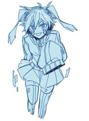 Rule 34 | 1girl, blue theme, digital dissolve, ene (kagerou project), facial mark, floating, headphones, highres, jacket, kagerou project, looking at viewer, monochrome, pleated skirt, rutu, simple background, skirt, sleeves past fingers, sleeves past wrists, solo, thighhighs, tongue, tongue out, twintails, white background, zipper pull tab
