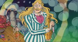 Rule 34 | 1boy, ascot, blonde hair, cosplay, crossover, curly hair, donquixote homing, earrings, fish, formal, fujimoto (ponyo), fujimoto (ponyo) (cosplay), gake no ue no ponyo, high collar, highres, holding, holding jar, jar, jellyfish, jewelry, long hair, one piece, open mouth, pink ascot, spicemachine02, starfish, striped suit, studio ghibli, studio ghibli (style), suit, surprised, thick mustache, underwater, upper body