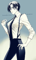 Rule 34 | 1girl, black eyes, black hair, black necktie, black pants, blouse, breasts, collared shirt, commentary, dress shirt, english text, hand on own hip, highres, large breasts, looking at viewer, necktie, original, pants, shirt, short hair with long locks, solo, suspenders pull, white shirt, yunokiism