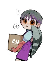 Rule 34 | 1girl, :d, apron, blush, box, brown sclera, cardboard box, claws, colored sclera, ear piercing, earrings, flying sweatdrops, from side, grey hair, grey wings, harpy, highres, holding, holding box, jewelry, looking at viewer, looking to the side, monster girl, multicolored hair, nose blush, open mouth, original, piercing, pigeon girl (sparrowl), puffy short sleeves, puffy sleeves, purple apron, purple hair, short hair, short sleeves, simple background, smile, solo, sparrowl, standing, streaked hair, white background, wings