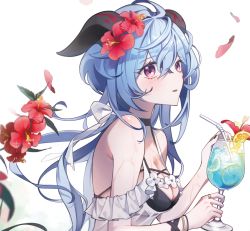 Rule 34 | 1girl, ahoge, annlin, bare shoulders, blue hair, blush, bow, breasts, cleavage, cup, drink, drinking straw, flower, ganyu (genshin impact), genshin impact, hair flower, hair ornament, halterneck, highres, holding, holding cup, horns, long hair, looking at viewer, low ponytail, medium breasts, parted lips, petals, purple eyes, red flower, sidelocks, solo, swimsuit, upper body