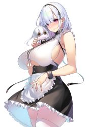 Rule 34 | 1girl, absurdres, apron, azur lane, bare shoulders, black hairband, blush, breasts, character doll, closed mouth, clothing cutout, commentary, dido (azur lane), dress, frilled apron, frills, hairband, highres, huge breasts, long hair, looking at viewer, pink eyes, silver hair, simple background, skindentation, sleeveless, sleeveless dress, smile, solo, thighhighs, thighs, underboob, underboob cutout, waist apron, white apron, white background, white thighhighs, yamanokami eaka, zettai ryouiki