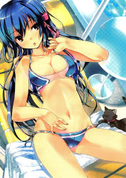 Rule 34 | 1girl, :p, adjusting clothes, adjusting swimsuit, bare shoulders, bell, bikini, blue bikini, blue hair, bow, breasts, brown eyes, cat, cleavage, collar, collarbone, hair bow, highres, long hair, looking at viewer, lying, navel, neck bell, on back, original, refeia, scan, solo, swimsuit, tongue, tongue out, wet