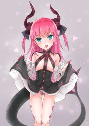 Rule 34 | &gt;:d, 10s, 1girl, :d, asymmetrical horns, black skirt, blue eyes, blush, clothes lift, collarbone, commentary request, curled horns, detached sleeves, dragon horns, dragon tail, elizabeth bathory (fate), elizabeth bathory (fate/extra ccc), elizabeth bathory (first ascension) (fate), fangs, fate/extra, fate/extra ccc, fate (series), frilled sleeves, frills, grey background, head tilt, heart, highres, horns, looking at viewer, open mouth, panties, pink hair, pointy ears, skirt, skirt lift, smile, solo, standing, striped clothes, striped panties, tail, thigh gap, two side up, underwear, uneven horns, v-shaped eyebrows, white sleeves