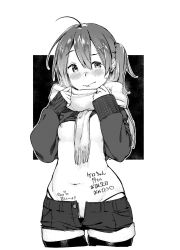 Rule 34 | 1girl, 3:, ahoge, bad id, bad twitter id, black thighhighs, blush, body writing, breasts, breath, closed mouth, clothes lift, cowboy shot, female pubic hair, fringe trim, fuyuno kamome, greyscale, hair between eyes, hair ornament, hairclip, happy birthday, heart, highres, looking at viewer, monochrome, navel, nipples, original, panties, pubic hair, pubic hair peek, scarf, short shorts, shorts, side ponytail, sleeves past wrists, small breasts, solo, sweater, sweater lift, thighhighs, thong, underwear