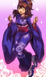 Rule 34 | 1girl, ;d, absurdres, blue kimono, blush, brown eyes, brown hair, floral print, flower, full body, hair flower, hair ornament, highres, japanese clothes, kimono, kujikawa rise, long hair, long sleeves, looking at viewer, new year, obi, one eye closed, open mouth, persona, persona 4, print kimono, purple flower, sash, smile, solo, tabi, toasty scones, white legwear, wide sleeves