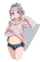 Rule 34 | absurdres, alternate costume, beige sweater, blush, bow, brown eyes, casual, cowboy shot, grey hair, hair bow, hand in pocket, highres, hood, hooded sweater, hoodie, kantai collection, looking at viewer, navel, ponytail, shorts, sidelocks, simple background, smile, solo, sweater, uut, white background, white bow, yuubari (kancolle), yuubari kai ni (kancolle)