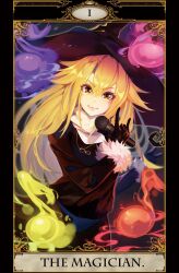 Rule 34 | 1girl, \m/, beji-kun, black coat, black gloves, black hat, blonde hair, closed mouth, coat, commentary request, cookie (touhou), gloves, hair between eyes, hat, highres, holding, holding microphone, kirisame marisa, long bangs, long hair, long sleeves, looking at viewer, magic, microphone, rei (cookie), roman numeral, shirt, simple background, smile, solo, tarot, tarot (medium), the magician (tarot), touhou, turtleneck, upper body, white shirt, witch hat, yellow eyes