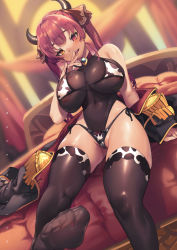 Rule 34 | 1girl, :d, animal print, areola slip, bikini, black thighhighs, breasts, cleavage, coat, cow print, epaulettes, heterochromia, highres, hololive, horns, houshou marine, large breasts, leotard, looking at viewer, narrow waist, navel, off shoulder, open mouth, purple hair, red eyes, see-through, see-through cleavage, sitting, smile, solo, swimsuit, tamada heijun, teeth, thighhighs, twintails, virtual youtuber, yellow eyes