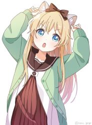 Rule 34 | 1girl, :o, animal ear fluff, animal ears, arms up, blonde hair, blue eyes, blush, bow, brown bow, brown sailor collar, cat ears, collarbone, commentary request, dress, green jacket, hair bow, highres, jacket, long hair, long sleeves, looking at viewer, nanamori school uniform, nnn yryr, open clothes, open jacket, open mouth, pleated dress, red dress, sailor collar, sailor dress, school uniform, shirt, simple background, solo, toshinou kyouko, white background, white shirt, yuru yuri