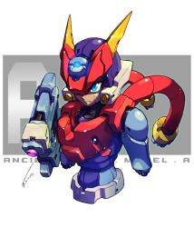 Rule 34 | 1boy, amputee, android, armor, black helmet, blue eyes, cable, character name, dark-skinned male, dark skin, double amputee, energy gun, glowing, glowing eyes, grey (mega man), highres, mega man (series), mega man zx, mega man zx advent, model a (mega man), red armor, red helmet, scar, scar on face, shaded face, simple background, solo, tomycase, upper body, weapon, white background