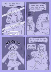 Rule 34 | 1boy, alternate costume, androgynous, asriel dreemurr, blush, blush stickers, chara (undertale), comic, commentary, english text, closed eyes, fangs, furry, furry male, grin, heart, heart necklace, highres, hug, jewelry, locket, mirror, monochrome, motion lines, necklace, nochocolate, pendant, purple theme, reflection, smile, sparkle, spoilers, undertale