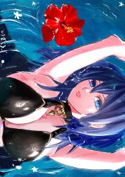 Rule 34 | 1girl, arm up, armpits, bikini, black bikini, blue eyes, blue hair, breasts, byleth (female) (fire emblem), byleth (female) (summer) (fire emblem), byleth (fire emblem), fire emblem, fire emblem heroes, flower, hibiscus, highres, large breasts, looking at viewer, nintendo, shiro zakuro, solo, swimsuit, upper body, wet, wet clothes, wet hair, wet swimsuit