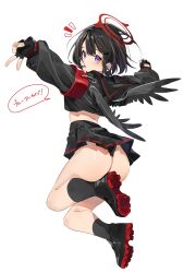 Rule 34 | 1girl, absurdres, armband, arms up, ass, black footwear, black gloves, black hair, black sailor collar, black serafuku, black shirt, black skirt, black socks, black wings, blue archive, commentary, deitaku, feathered wings, fingerless gloves, from side, full body, gloves, gyaru v, halo, highres, jumping, legs up, long sleeves, looking at viewer, low wings, mashiro (blue archive), midriff, miniskirt, no panties, outstretched arms, parted lips, pleated skirt, purple eyes, red armband, safety pin, sailor collar, school uniform, serafuku, shirt, short hair, sidelocks, skirt, socks, solo, speech bubble, thighs, translation request, v, white background, wings