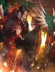 Rule 34 | 1boy, 1girl, akakokko (niro azarashi), animal, animal on shoulder, bird, bird on shoulder, birdmen, black gloves, black hair, gloves, hand on another&#039;s chest, long hair, long sleeves, looking at viewer, open mouth, peacock, peacock feathers, red eyes, short hair, twintails, wang guang feng, wang ying huang, wide sleeves