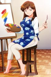 Rule 34 | 1girl, barefoot, brown eyes, brown hair, canvas (object), easel, floral print, full body, holding, kurihara mari, long hair, non-web source, official art, on stool, painting (action), palette (object), photoshop (medium), sitting, smile, solo, super real mahjong, tanaka ryou, wooden floor