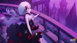 Rule 34 | 1girl, animal, bare shoulders, black dress, black gloves, breasts, castle, chinese commentary, closed mouth, dress, flower, gloves, hair flower, hair ornament, highres, honkai (series), honkai impact 3rd, logo, long hair, official art, official wallpaper, outdoors, pink theme, plant, red eyes, red flower, red rose, rose, small breasts, smile, solo, standing, table, theresa apocalypse, theresa apocalypse (luna kindred), twintails, white hair