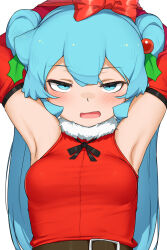 Rule 34 | 1girl, :d, abmayo, alternate costume, alternate hairstyle, aqua eyes, aqua hair, armpits, arms up, blush, bound, bound arms, bow, breasts, commentary, detached sleeves, double bun, hair bun, hair ornament, hatsune miku, holly hair ornament, long hair, looking at viewer, mistletoe, open mouth, red bow, ribbon, ribbon bondage, shirt, simple background, sleeveless, sleeveless shirt, small breasts, smile, smirk, solo, symbol-only commentary, upper body, vocaloid, white background