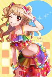 Rule 34 | 1girl, aikatsu!, aikatsu! (series), bare shoulders, beads, belt, blonde hair, blush, bow, bracelet, checkered background, collarbone, colorful, crescent, crescent hair ornament, crop top, crop top overhang, earrings, fingernails, floral print, grin, hair bow, hair ornament, jewelry, leaning forward, long hair, looking at viewer, multicolored clothes, multicolored hair, multicolored skirt, natsuki mikuru, navel, one eye closed, pearl bracelet, pink hair, rainbow skirt, red bow, red eyes, shiny skin, skirt, sleeveless, smile, solo, sorao (ichhimo), standing, star (symbol), tank top, teeth, twintails, two-tone hair, two side up, v, yellow background
