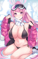 Rule 34 | 1girl, bikini, black bikini, blue archive, blush, breasts, cleavage, eimi (blue archive), eimi (swimsuit) (blue archive), goggles, goggles on head, halo, highres, jacket, large breasts, long hair, long sleeves, looking at viewer, mi taro333, navel, official alternate costume, open clothes, open jacket, open mouth, pink eyes, pink hair, pink halo, pink jacket, ponytail, shoes, solo, swimsuit, very long hair, white footwear