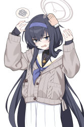 Rule 34 | 1girl, amulet, black eyes, black hair, black shirt, blue archive, blue neckerchief, blush, cardigan, furrowed brow, hairband, halo, hands up, headpat, highres, long sleeves, looking at viewer, motion lines, neckerchief, ochiaki, open mouth, raised eyebrows, ringed eyes, sailor collar, shirt, skirt, sleeves past wrists, solo, spoken squiggle, squiggle, sweatdrop, turtleneck, ui (blue archive), upper body, wavy mouth, white skirt