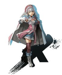 Rule 34 | 1girl, blue eyes, blush, breasts, cape, curly hair, elbow gloves, full body, gloves, hat, head wings, heart, heart hands, highres, long hair, looking at viewer, medium breasts, melia antiqua, nin nakajima, nintendo, open mouth, simple background, smile, solo, thighhighs, white hair, wings, xenoblade chronicles (series), xenoblade chronicles 1