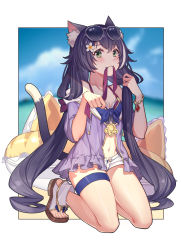 Rule 34 | 1girl, animal ear fluff, animal ears, bare legs, bare shoulders, bikini, bikini under clothes, black hair, blue sky, blush, border, bracelet, breasts, bubble1995, cat ears, cat girl, cat tail, cleavage, closed mouth, collarbone, day, eyewear on head, fang, flower, front-tie bikini top, front-tie top, full body, green eyes, hair flower, hair ornament, highres, innertube, jacket, jewelry, karyl (princess connect!), karyl (summer) (princess connect!), kneeling, long hair, looking at viewer, low twintails, mouth hold, multicolored hair, navel, open clothes, open fly, open jacket, open shorts, outside border, princess connect!, purple bikini, purple jacket, short shorts, shorts, skin fang, sky, small breasts, smile, solo, streaked hair, sunglasses, swim ring, swimsuit, tail, thigh strap, toeless footwear, twintails, two-tone hair, very long hair, white-framed eyewear, white border, white flower, white footwear, white hair, white shorts