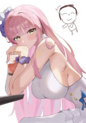 Rule 34 | 1girl, 1other, absurdres, doodle sensei (blue archive), blue archive, blush, breasts, cup, dress, higashiwun izumi, highres, holding, holding cup, large breasts, looking at viewer, looking to the side, mika (blue archive), pink hair, scrunchie, sensei (blue archive), sideboob, simple background, sitting, sleeveless, sleeveless dress, white background, white dress, wrist scrunchie