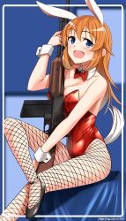 Rule 34 | 1girl, absurdres, black footwear, blue eyes, bow, bowtie, browning automatic rifle, charlotte e. yeager, detached collar, dog tail, fishnet pantyhose, fishnets, gun, highres, hiroshi (hunter-of-kct), leotard, long hair, m1918 bar, machine gun, orange hair, pantyhose, playboy bunny, rabbit tail, red bow, red bowtie, red leotard, rifle, smile, solo, strapless, strapless leotard, strike witches, tail, weapon, world witches series, wrist cuffs