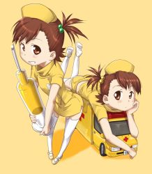 Rule 34 | 00s, 2girls, ambulance, brown eyes, brown hair, cross, futami ami, futami mami, hair bobbles, hair ornament, idolmaster, idolmaster (classic), large syringe, lying, multiple girls, nurse, on stomach, oversized object, red cross, siblings, side ponytail, sisters, syringe, thighhighs, ttomm, twins, yellow theme