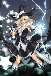 Rule 34 | 1girl, alternate costume, blonde hair, boots, braid, breasts, cleavage, electricity, female focus, gloves, grin, hat, highres, houtengeki, kirisame marisa, lace, long hair, magic, no bra, aged up, smile, solo, star (symbol), touhou, witch, witch hat, yellow eyes