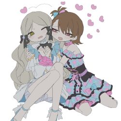 Rule 34 | 01sh110sush1, 2girls, @ @, asymmetrical bangs, bare shoulders, black ribbon, blush, bound, breasts, brown hair, choker, dot nose, dress, fang, flipped hair, fluffy hair, frilled dress, frills, futami ami, hair ribbon, handa roco, heart, heart-shaped pupils, highres, hug, idolmaster, idolmaster million live!, idolmaster million live! theater days, kneeling, legs up, light brown hair, long hair, medium hair, multiple girls, official alternate costume, one eye closed, open mouth, own hands together, parted bangs, pink choker, plaid, plaid dress, ribbon, ribbon bondage, side ponytail, simple background, sitting, small breasts, sweat, swept bangs, symbol-shaped pupils, tearing up, twintails, very long hair, wavy hair, wavy mouth, white background, white dress, yuri