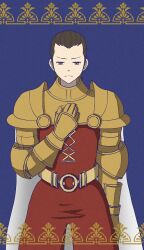 Rule 34 | 1boy, armor, blue background, brown eyes, brown hair, cape, closed mouth, delita heiral, final fantasy, final fantasy tactics, gauntlets, hand on own chest, highres, looking down, shoulder armor, solo, soosupaan