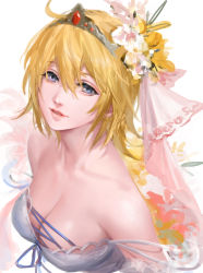 Rule 34 | 1girl, bare shoulders, blonde hair, blue eyes, breasts, cleavage, collarbone, cross-laced clothes, europa (granblue fantasy), flower, from above, granblue fantasy, hair flower, hair ornament, highres, large breasts, looking at viewer, looking up, parted lips, short hair, smile, solo, strap slip, tekki (tki), tiara, upper body, white background