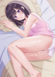 Rule 34 | 1girl, ass, black hair, blush, chakku illust, covering crotch, covering privates, highres, lying, on bed, on side, original, panties, pink tank top, purple eyes, short hair, solo, tank top, thighs, underwear, underwear only, white panties