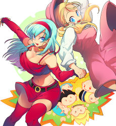Rule 34 | 2girls, :d, android 18, aqua hair, bare shoulders, belt, belt buckle, black belt, blonde hair, blue eyes, bouncing breasts, bra (dragon ball), breasts, buckle, bulma, character doll, circle, cleavage, collarbone, contrapposto, detached sleeves, dragon ball, dragon ball gt, dress, earrings, eyebrows hidden by hair, facing viewer, feet out of frame, gradient background, green background, green hair, groin, hairband, hand up, happy, hat, holding hands, hoop earrings, interlocked fingers, jewelry, kuririn, large breasts, long hair, looking at another, looking at viewer, looking to the side, marron (dragon ball), midriff, multiple girls, navel, neck ring, ommmyoh, open mouth, outstretched arm, pink dress, pink headwear, red hairband, red legwear, red skirt, red tank top, sideboob, simple background, skindentation, skirt, smile, tank top, tareme, teeth, thighhighs, tongue, trunks (dragon ball), twintails, vegeta, white background, yellow background