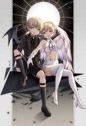 2others :d absurdres angel_and_devil angel_wings annno_ans bare_shoulders black_background black_bow black_bowtie black_footwear black_gloves black_shirt black_shorts black_socks black_tail black_wings blonde_hair bow bowtie center_frills collared_shirt cropped_shirt demon_tail demon_wings dual_persona fang feathered_wings fingerless_gloves frills gloves gradient_background green_eyes grey_background high_heels highres knee_up legwear_garter loafers long_sleeves looking_at_viewer matane_ruka matane_tano multiple_others navel open_mouth outside_border pillarboxed shirt shoes short_hair short_shorts shorts sitting sleeveless sleeveless_shirt smile socks suspender_shorts suspenders tail thighhighs toki_production virtual_youtuber white_bow white_bowtie white_footwear white_gloves white_shorts white_thighhighs white_wings wings