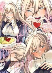 Rule 34 | 1girl, alternate costume, aqua eyes, aupt31, bismarck (kancolle), blonde hair, blue eyes, breasts, closed mouth, commission, dress, enmaided, food, frills, hair between eyes, heart, heart hands, holding, holding plate, kantai collection, ketchup, lips, long hair, long sleeves, looking at viewer, maid, maid headdress, medium breasts, multiple views, omelet, omurice, open mouth, plate, skeb commission, sweat, translation request