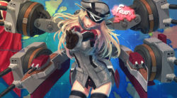 Rule 34 | 10s, 1girl, bismarck (kancolle), black panties, black thighhighs, blonde hair, blue eyes, breasts, cannon, commentary request, cross, finger gun, gloves, hat, hat over one eye, highres, iron cross, kantai collection, large breasts, mecha musume, military, military uniform, navel, own hands together, panties, pantyshot, sideboob, solo, standing, tama (tama sphere), thighhighs, underwear, uniform