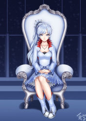 Rule 34 | 1girl, absurdres, blue eyes, boots, collarbone, earrings, highres, jewelry, light smile, long hair, long legs, looking at viewer, necklace, own hands together, ponytail, rwby, scar, silver hair, sitting, smile, snowflakes, solo, throne, tsurime, very long hair, weiss schnee, zerg309