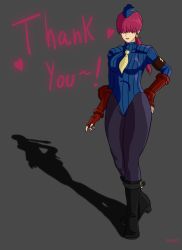 Rule 34 | 1girl, alternate costume, blue hat, bodysuit, boots, breasts, capcom, corruption, crossover, gauntlets, hand on own hip, hat, highres, large breasts, leather, leather boots, leotard, mind control, necktie, no eyes, pantyhose, pink hair, ponytail, self-upload, shadaloo, shadaloo dolls, shermie (kof), snk, street fighter, thank you, the king of fighters, thick thighs, thighs