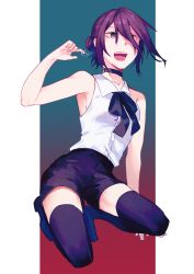 Rule 34 | 1girl, black thighhighs, bow, bowtie, chainsaw man, eyebrows hidden by hair, green eyes, hair between eyes, hair bun, highres, holding, holding jewelry, holding ring, jewelry, kneeling, looking at viewer, moegi0926, open mouth, purple eyes, purple hair, reze (chainsaw man), ring, shirt, short hair, shorts, sleeveless, sleeveless shirt, smile, solo, thighhighs, white shirt